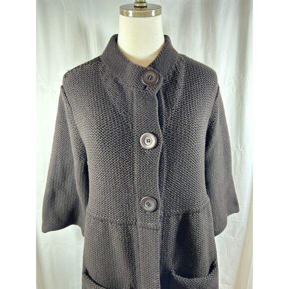 Eileen Fisher 3 button Sweater Brown 100 %Wool long cardigan chunky knit size Sm - Picture 2 of 8